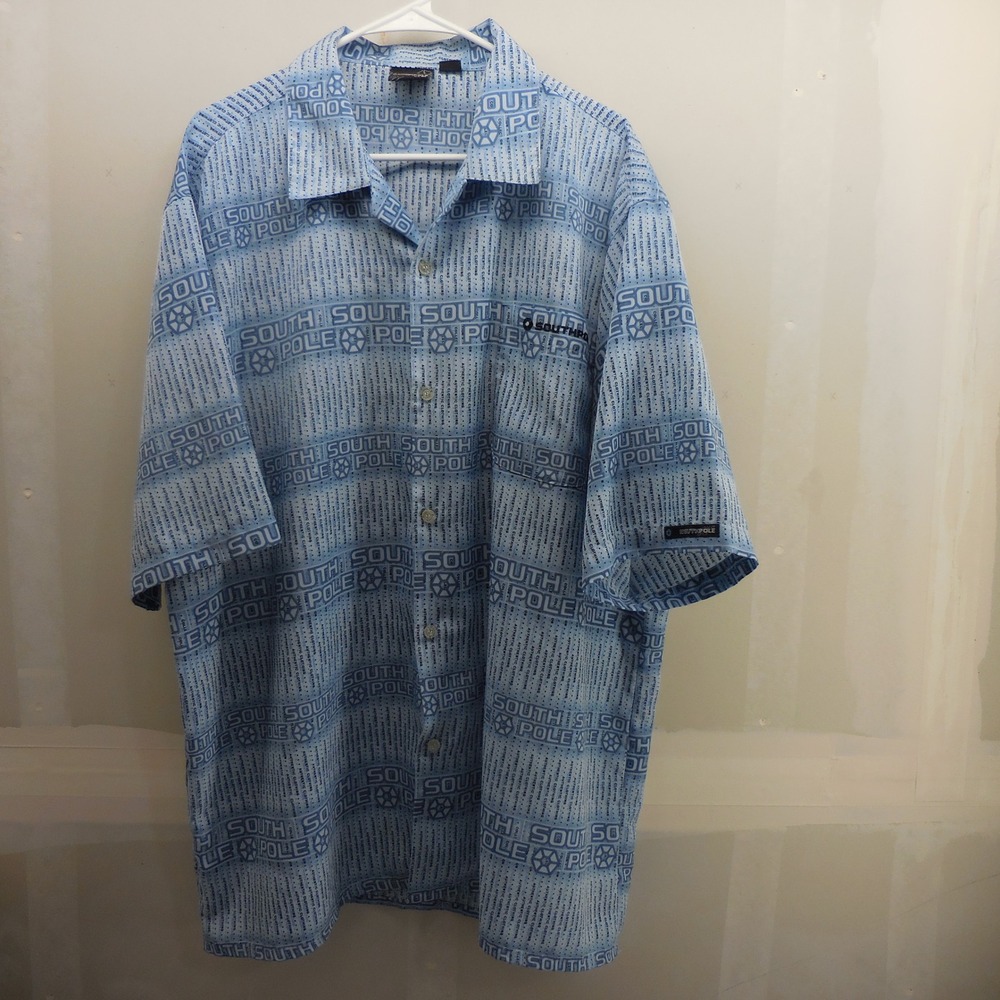 Southpole Mens XL Blue All Over Logo Print Short Sleeve Button Down Shirt Y2K